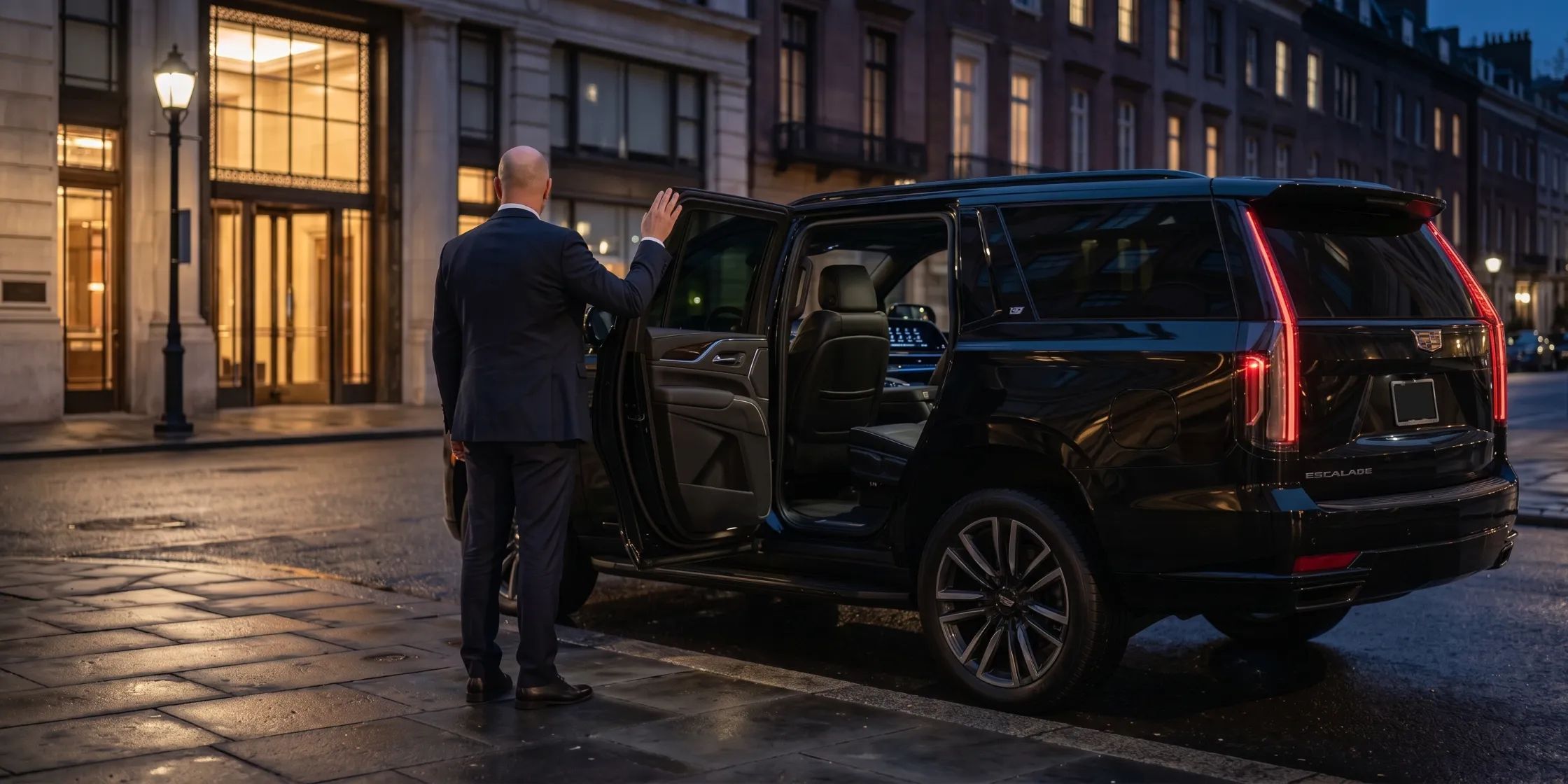 A chauffeur holding the rear door of a black Cadillac Escalade for a corporate passenger