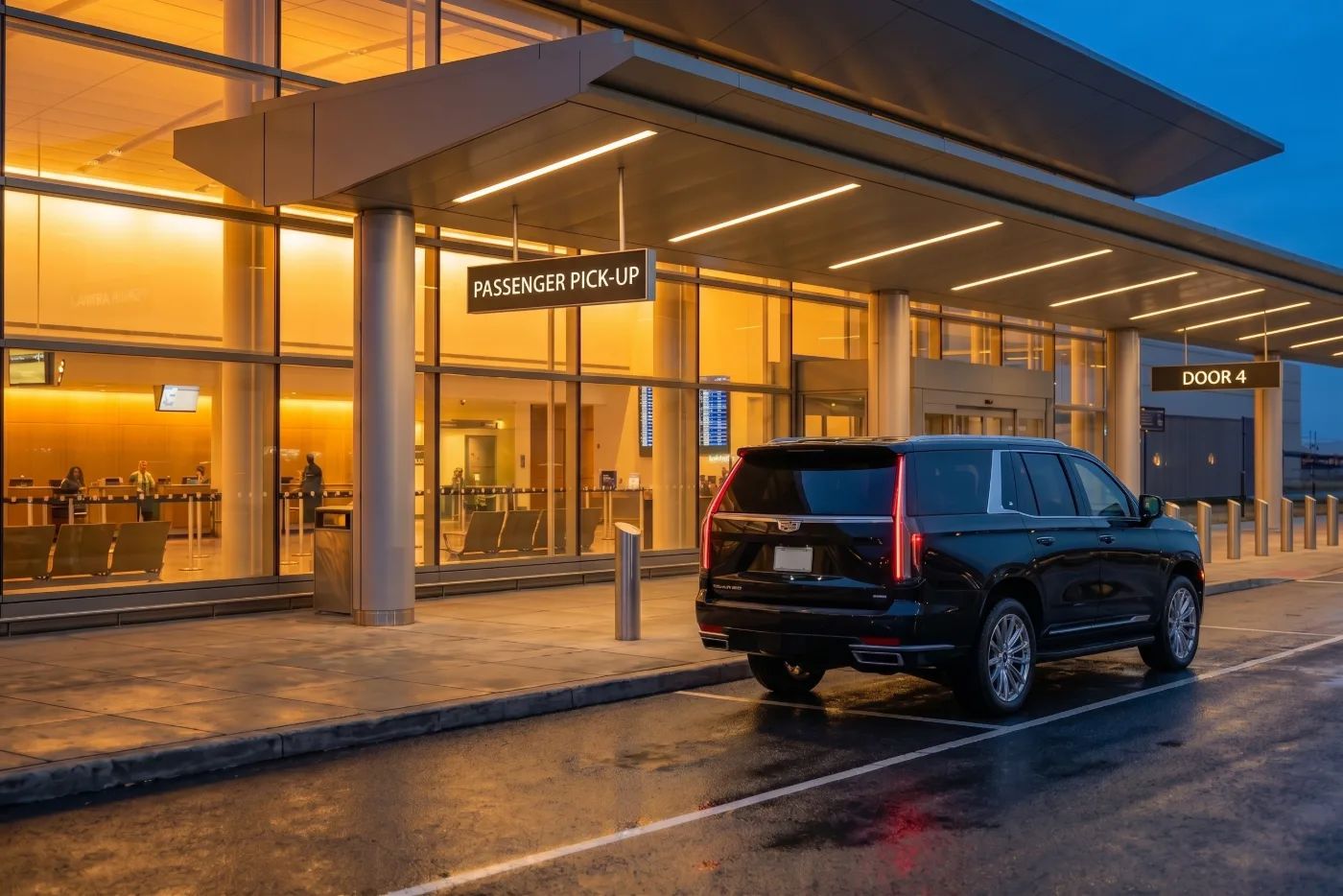 Black Cadillac Escalade waiting for an airport pickup at a lit terminal curb at dusk