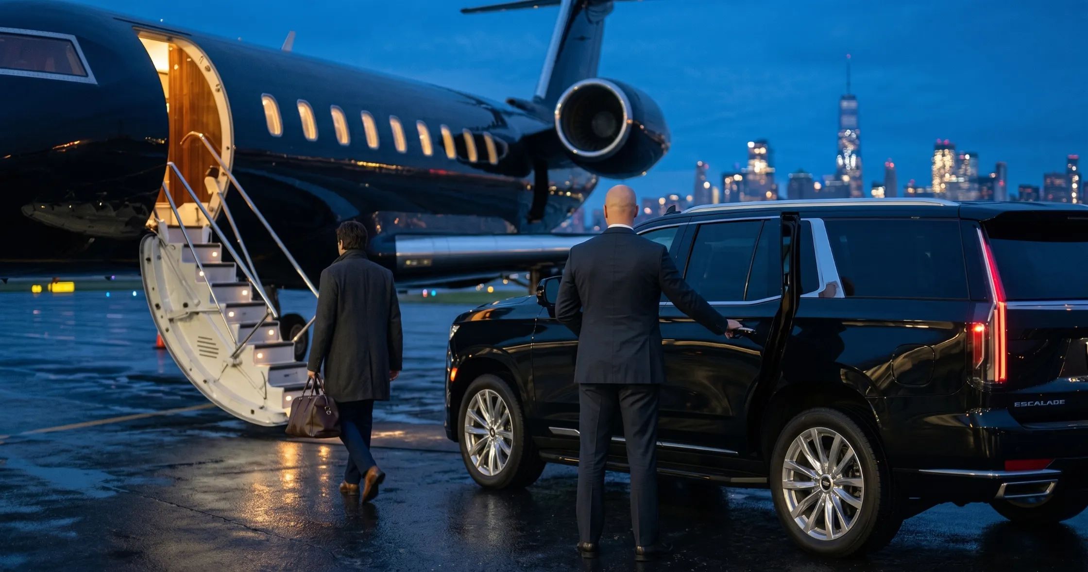 Black Cadillac Escalade beside a private jet at a New York area FBO for a private aviation pickup