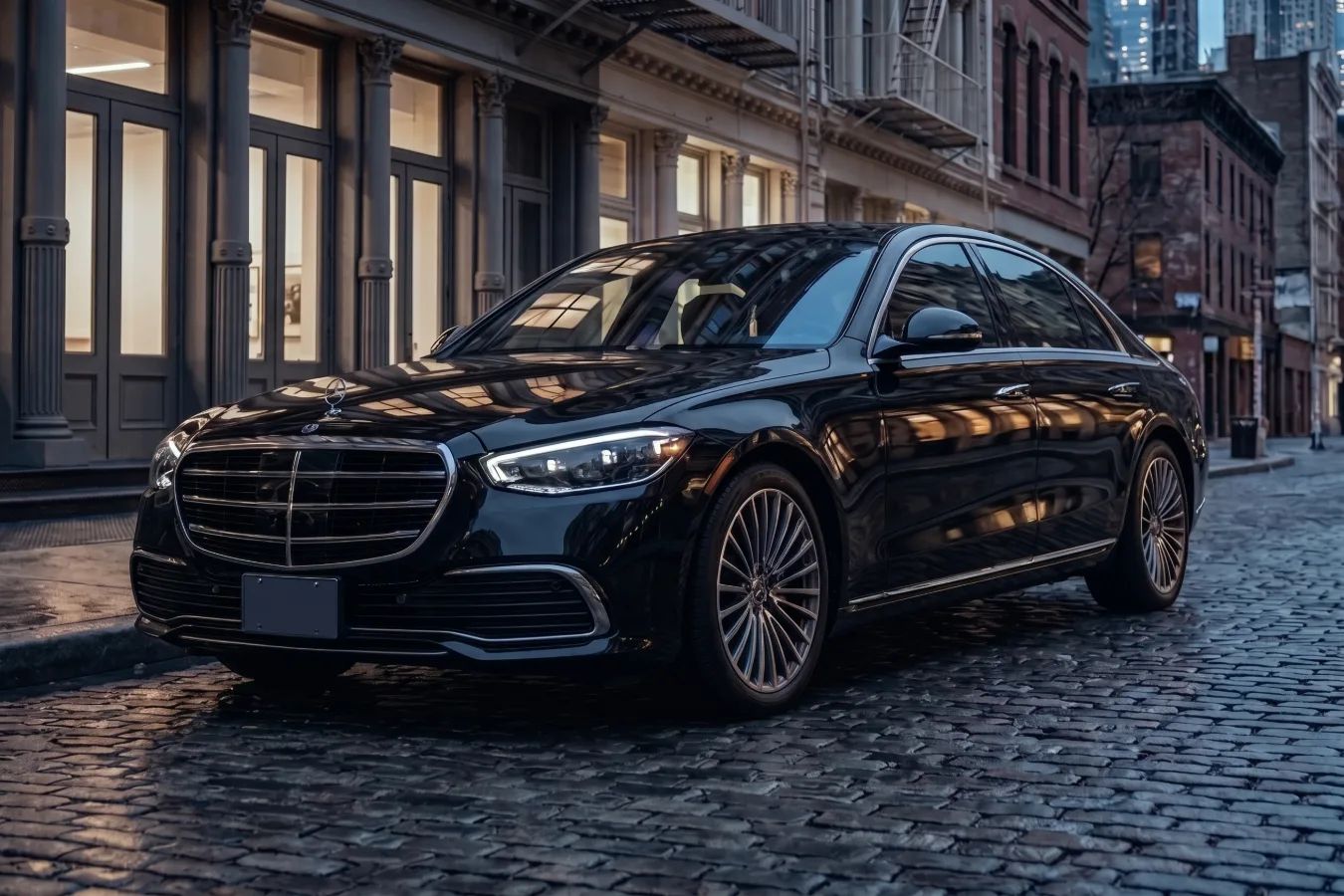 Black Mercedes-Benz S-Class luxury sedan on a cobbled New York street
