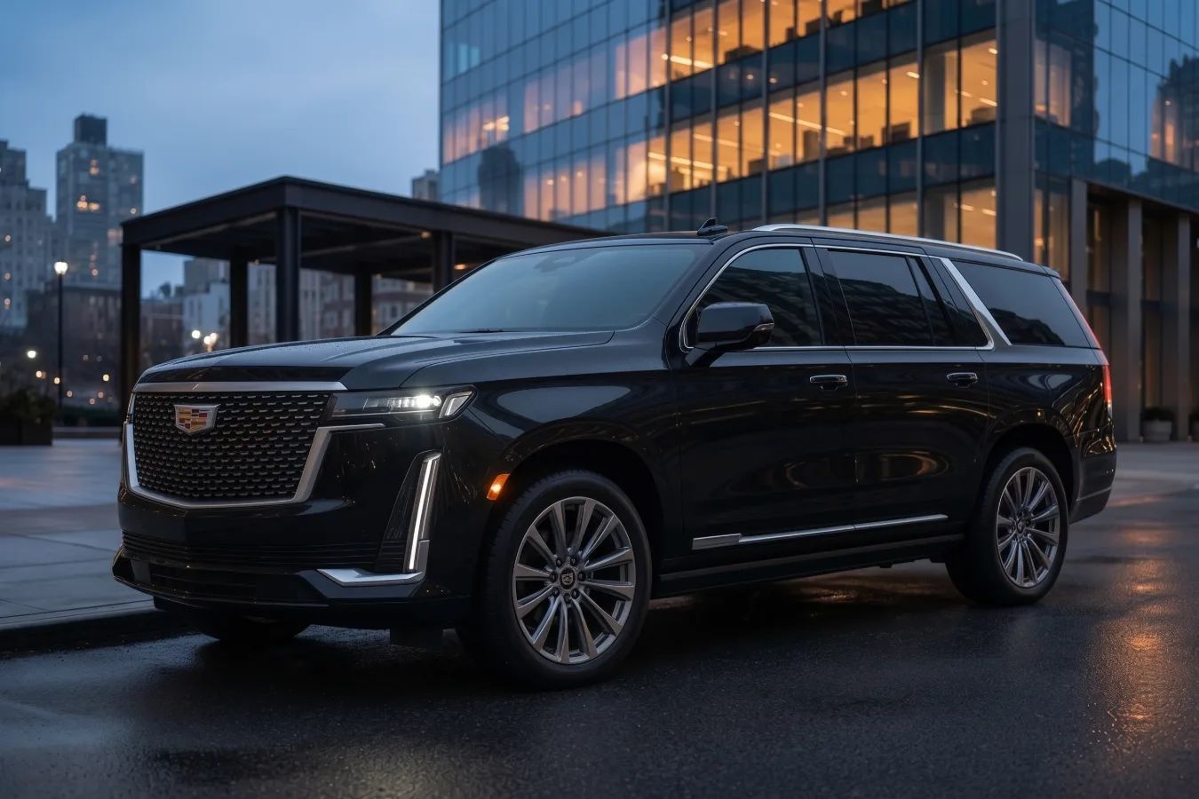 Black Cadillac Escalade luxury SUV parked at a city curb at dusk