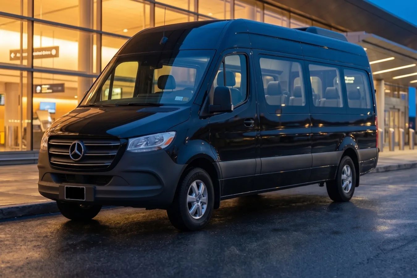 Black Mercedes-Benz Sprinter passenger van at an airport terminal curb
