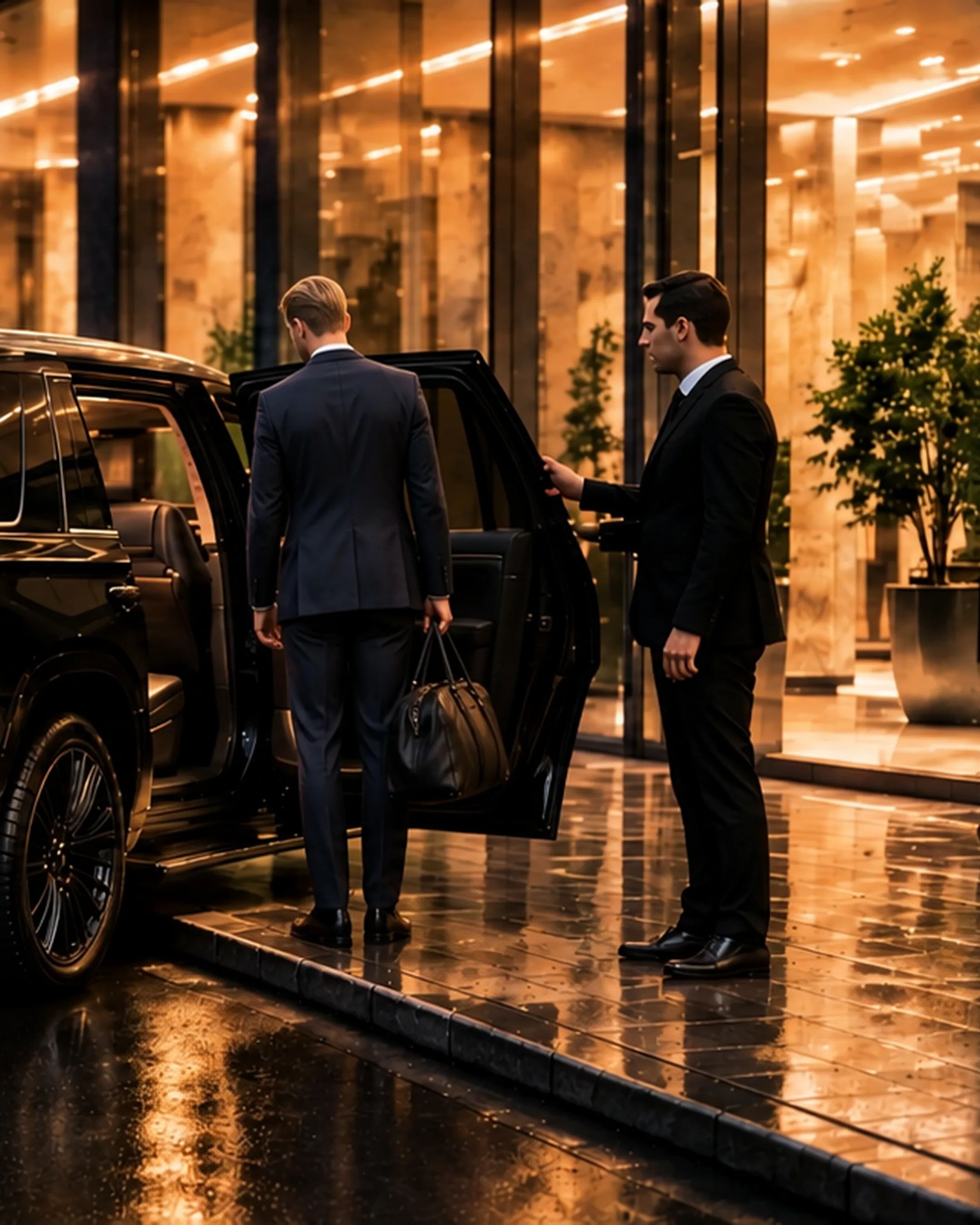 A chauffeur holding the rear door of a black Cadillac Escalade as a traveler steps in outside a lit hotel lobby in New York at dusk