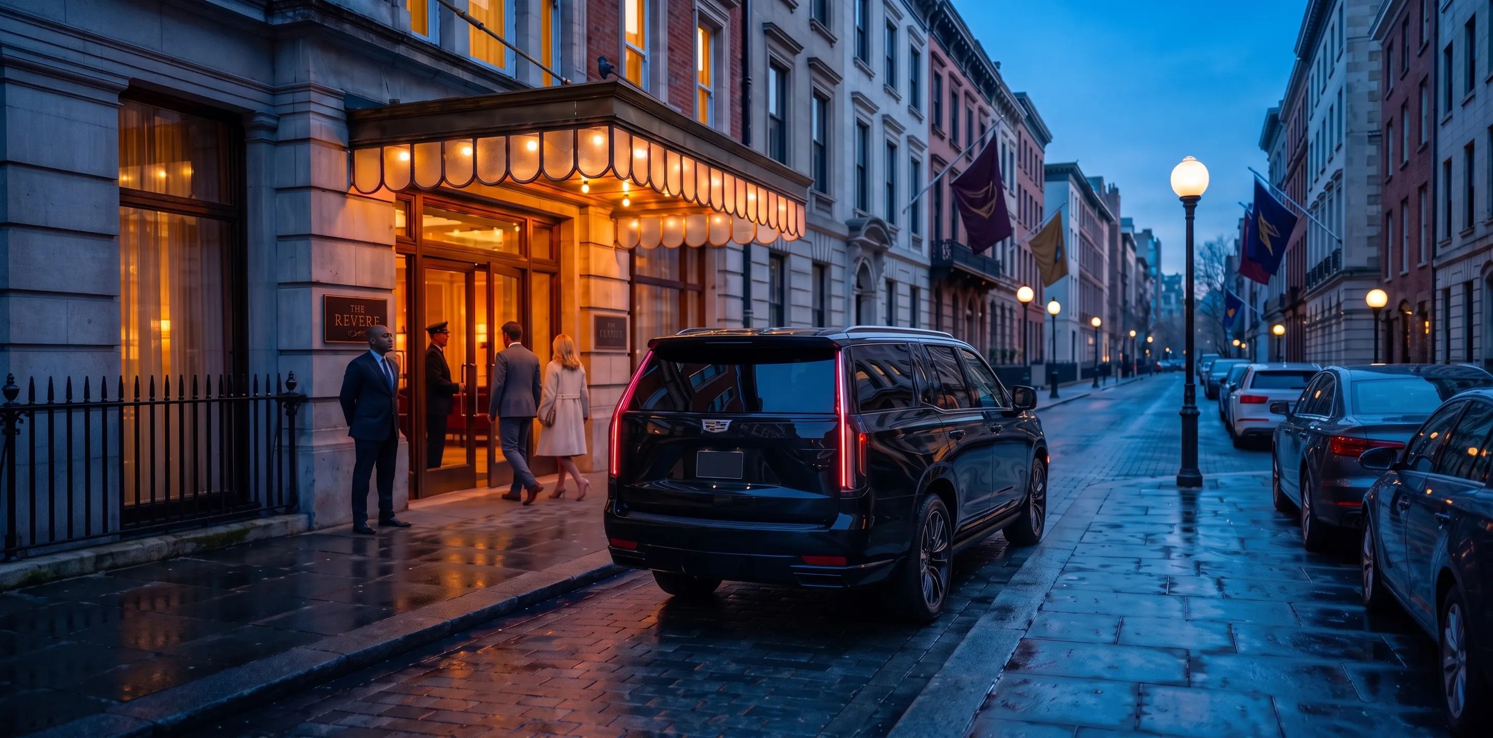 Black Cadillac Escalade at a New York hotel entrance for hourly chauffeur service