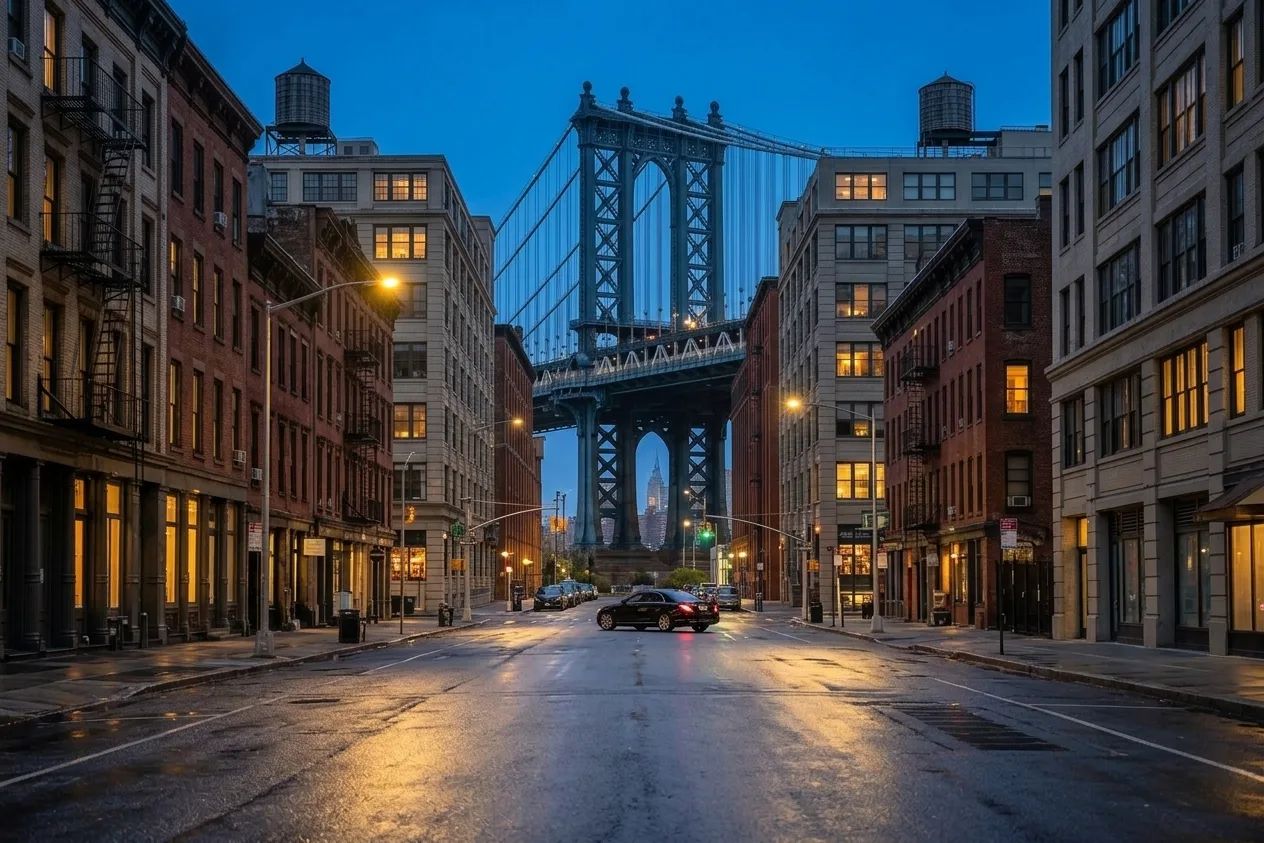 Brooklyn street in DUMBO with the Manhattan Bridge behind