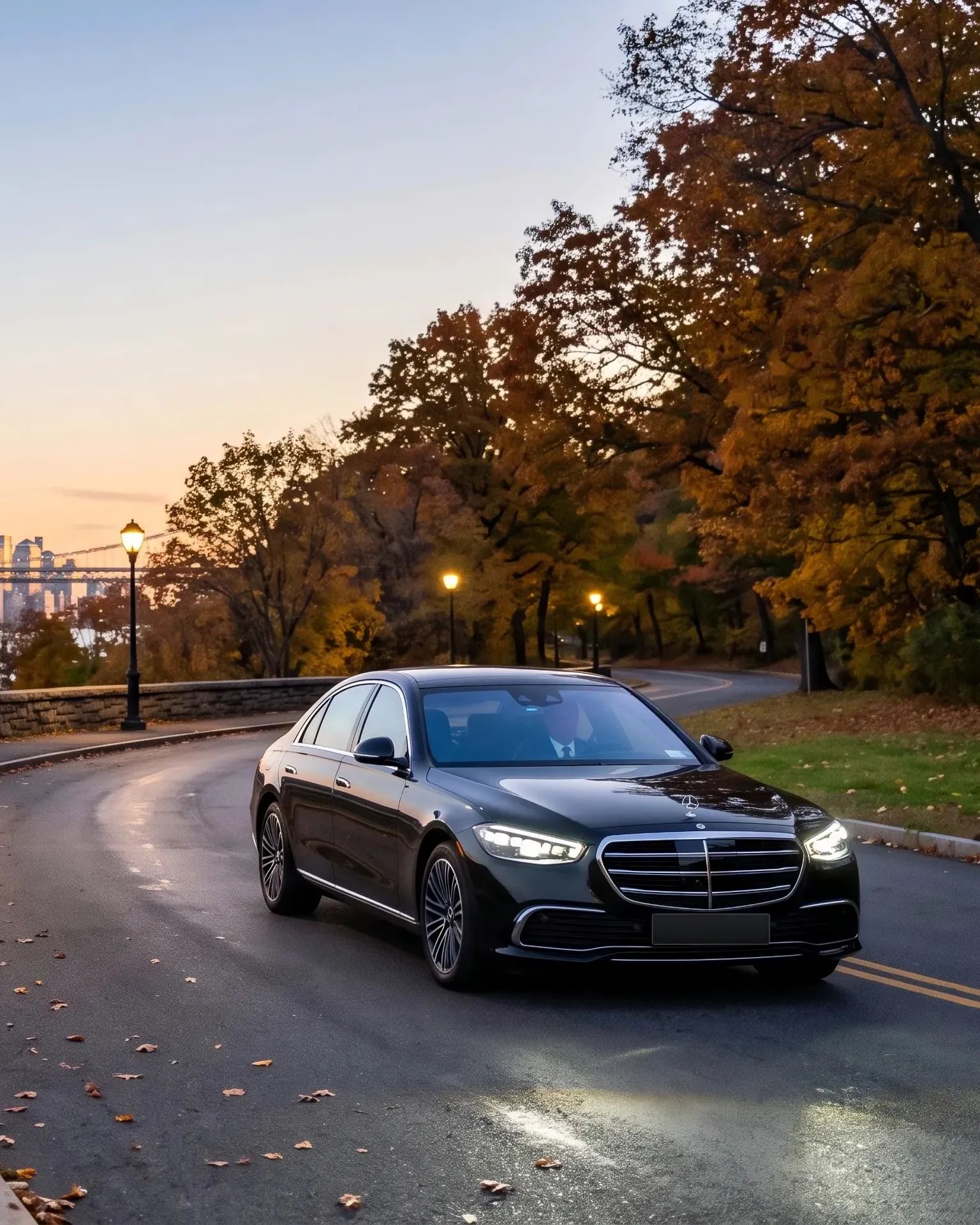 Black Mercedes-Benz S-Class on the Palisades parkway with the George Washington Bridge and Manhattan skyline behind